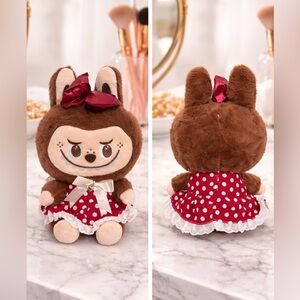 Labubu Plush Doll Brown Bunny w/ Red Polka Dot Dress Bow – Brand New